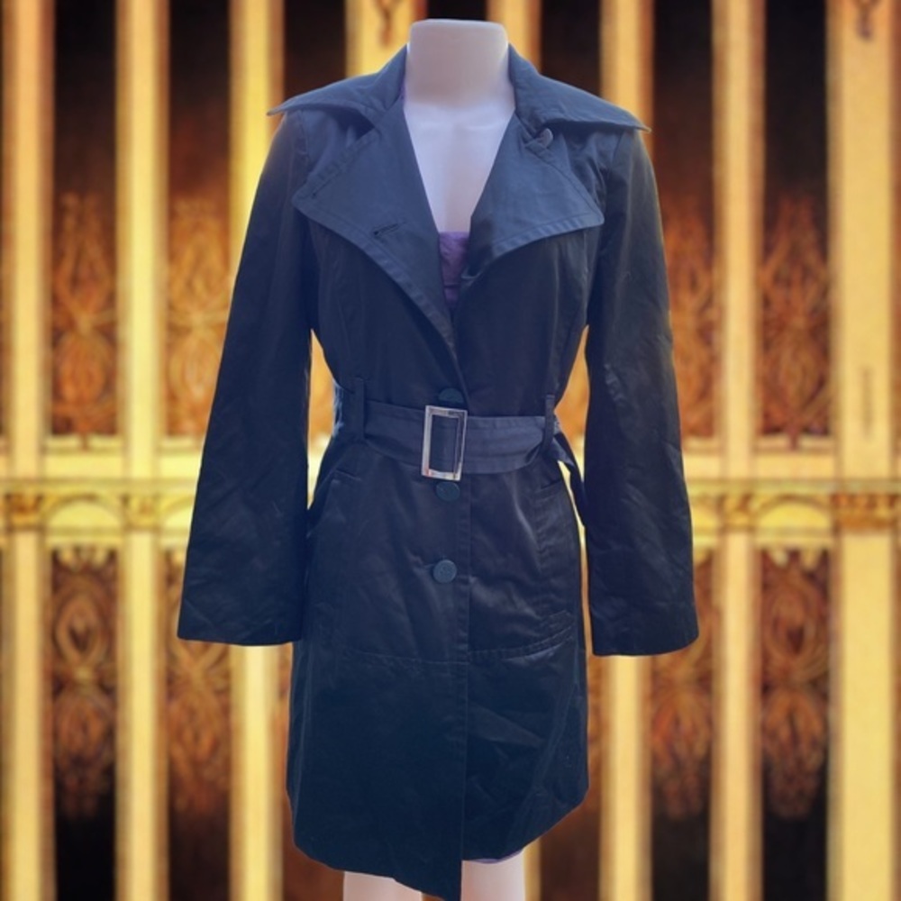bebe Black Satin Trench Coat Jacket Belted Small